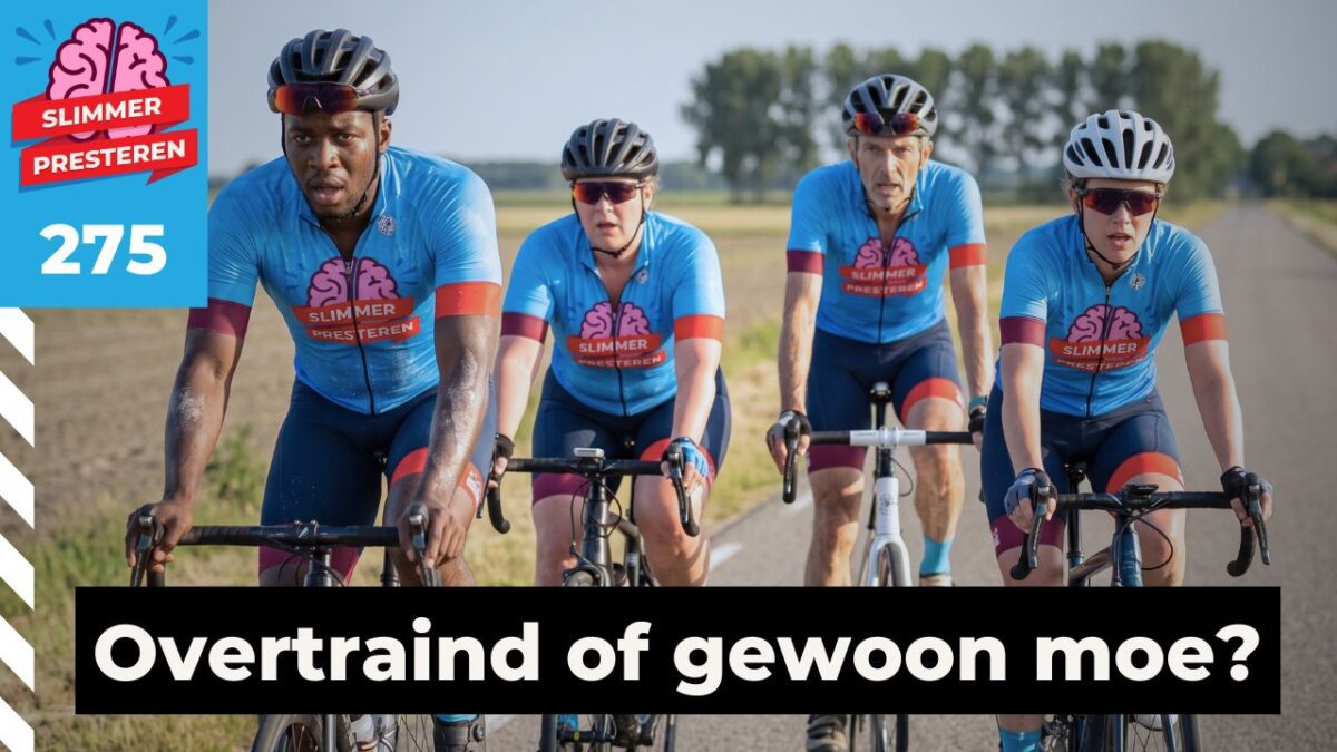 Overtraining herkennen: vier bezwete wielrenners in Slimmer Presteren-fietskleding rijden naast elkaar over een vlakke landweg in de late middagzon.