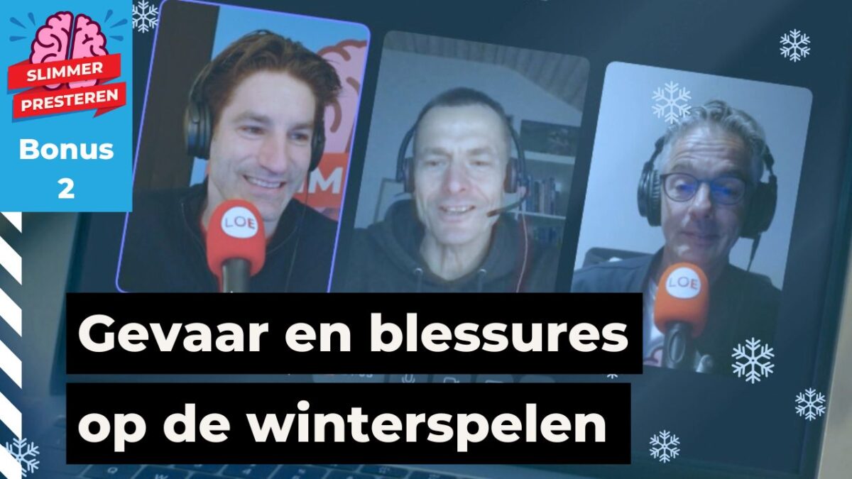 Drie mannen, Gerrit Heijkoop, Jurgen van Teeffelen en Guido Vroemen, in een online videocall voor de Slimmer Presteren Podcast over blessures tijdens de Winterspelen.